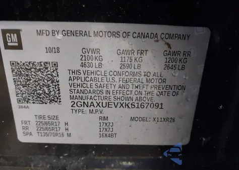 2019 Chevrolet Equinox Lt z USA, uszkodzony, nr VIN 2GNAXUEVXK6167091